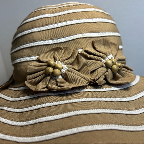 J Callahan Accessories - J Callahan Headwear OSFM Wide Brim Sun Beach Hat Tan Cream Stripe Beaded